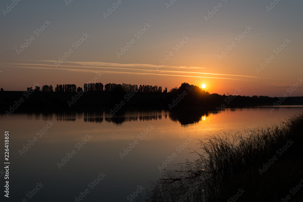 Sunset, silhouette, sound wave, Sound of sunset, a sound wave made by silhouette of trees and its reflection in the mirror of calm lake at a sunset