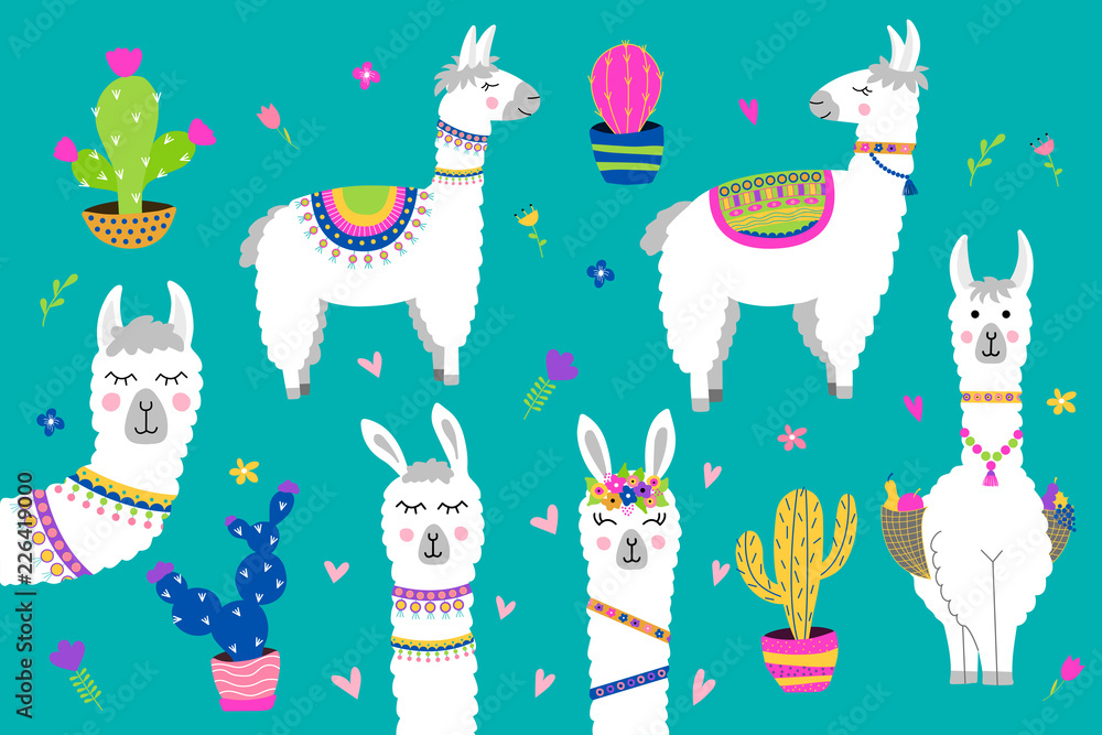 Set of cute alpaca. Hand drawn llama, cactus and flowers. Set of cute alpaca. Hand drawn llama, cactus and flowers.