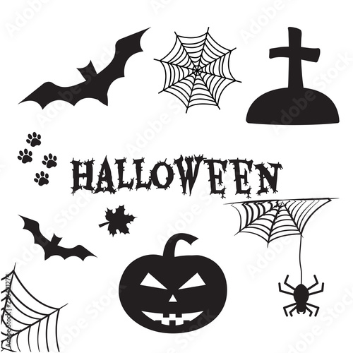 Halloween set. Black silhouettes. All Hallows' Eve, All Saints' Eve. Vector illustration