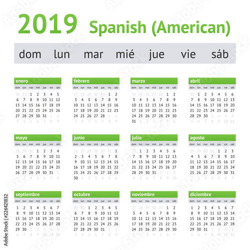 2019 Spanish American Calendar. A week starts on Sunday