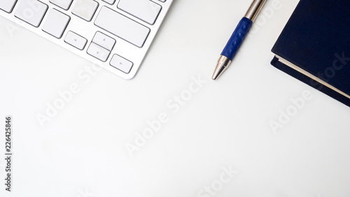 Office desk table business workplace and objects. Top view. Copy space for text