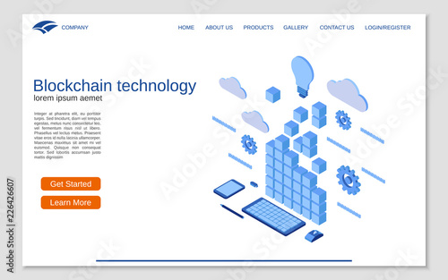 Blockchain technology flat 3d isometric vector concept illustration. Website landing page template