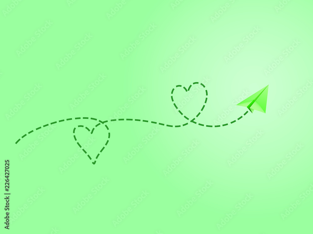 A green folded paper plane making love sign route to show happy travel emotion vector illustration A green folded paper plane making love sign route to show happy travel emotion vector illustration