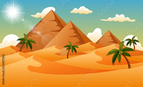 Desert background with pyramid and palm trees