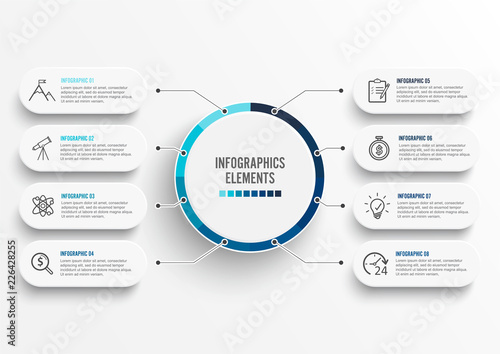 Vector infographic template with 3D paper label, integrated circles. Business concept with 8 options. For content, diagram, flowchart, steps, parts, timeline infographics, workflow, chart.