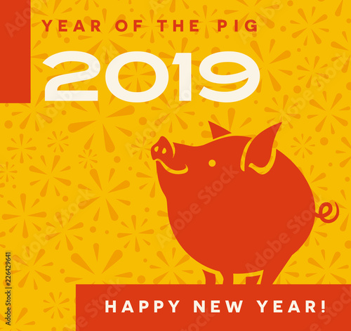 2019 year of the pig happy new year greeting card, poster, banner design with cute little pig.
