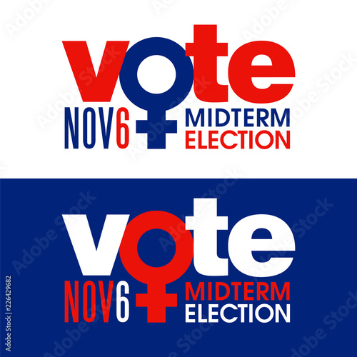 The word vote is combined with female symbol to encourage women to vote in the US November 6 midterm election. Design for signs, banners, t-shirts.
