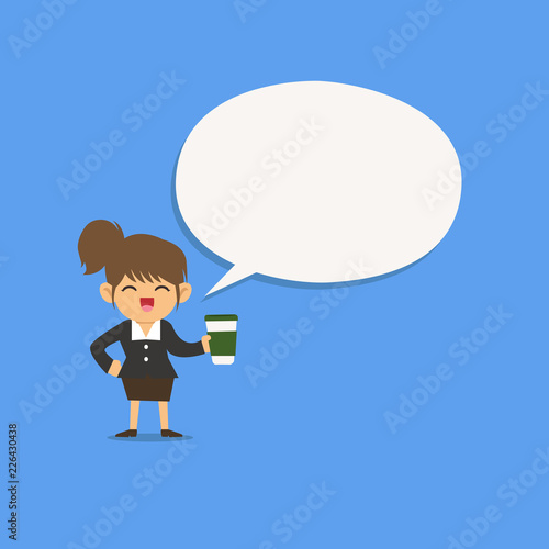 Flat design business Vector Illustration Empty template esp isolated Minimalist graphic layout template for advertising. Female Human Wearing Uniform Holding a coffee To Go Cup and Speech Bubble