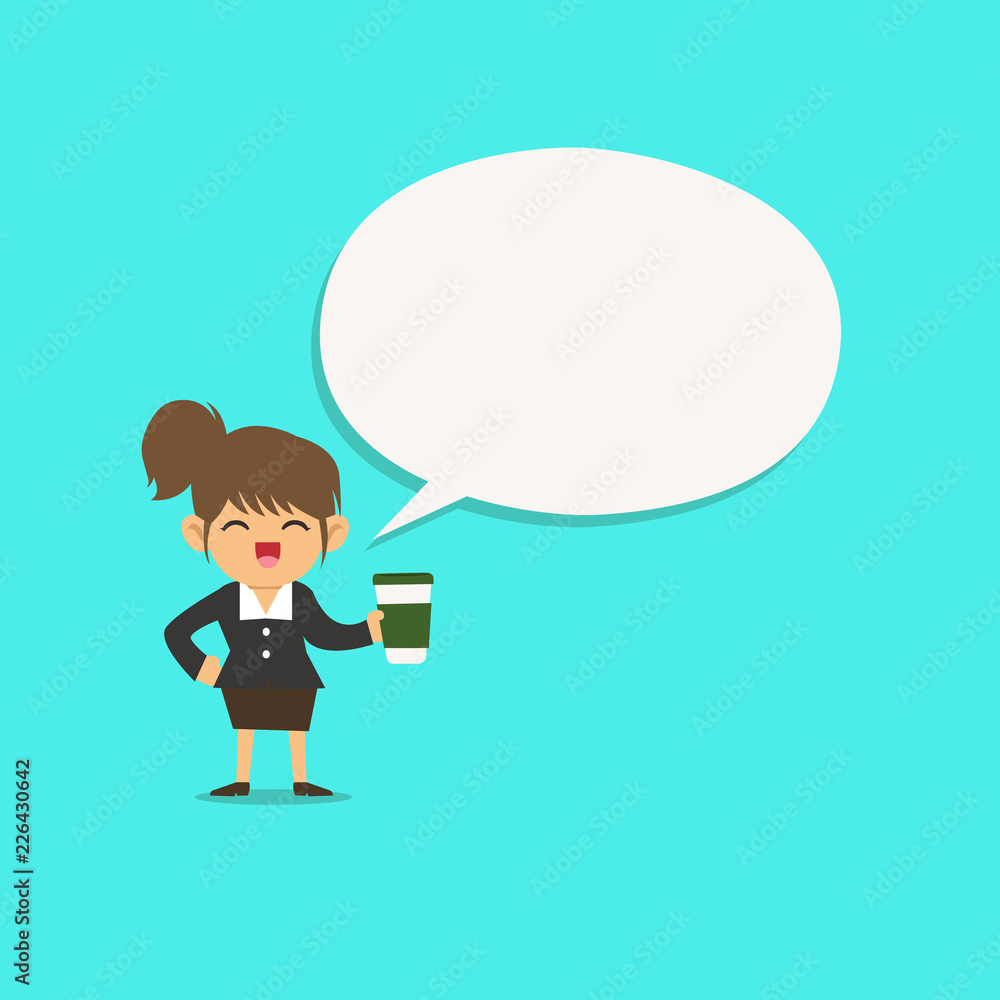 Flat design business Vector Illustration concept template copy space text for Ad website esp isolated 3d isometric. Female Human Wearing Uniform Holding a coffee To Go Cup and Speech Bubble Flat design business Vector Illustration concept template copy space text for Ad website esp isolated 3d isometric. Female Human Wearing Uniform Holding a coffee To Go Cup and Speech Bubble