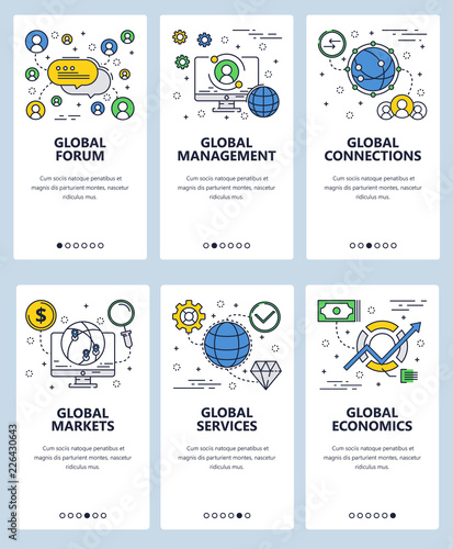 Vector web site linear art onboarding screens template. Global forum and business networking. Menu banners for website and mobile app development. Modern design flat illustration.