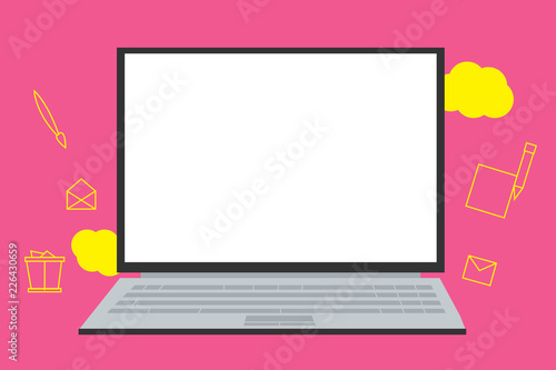 Flat design business Vector Illustration concept copy text for esp Web banners promotional material mock up template. Open Laptop with Blank Screen and Writing icons Floating on Cloudy Backdrop