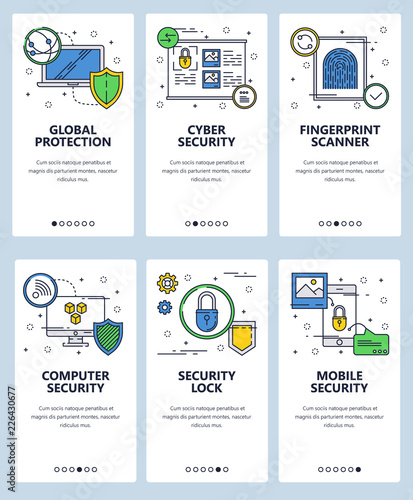 Vector web site linear art onboarding screens template. Computer network and mobile cyber security. Menu banners for website and mobile app development. Modern design flat illustration.
