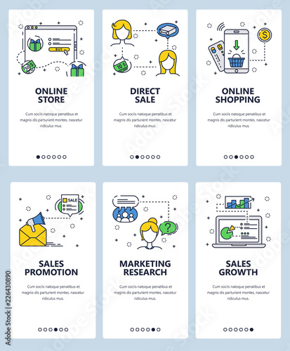 Vector web site linear art onboarding screens template. Digital marketing and online shopping. Menu banners for website and mobile app development. Modern design flat illustration.