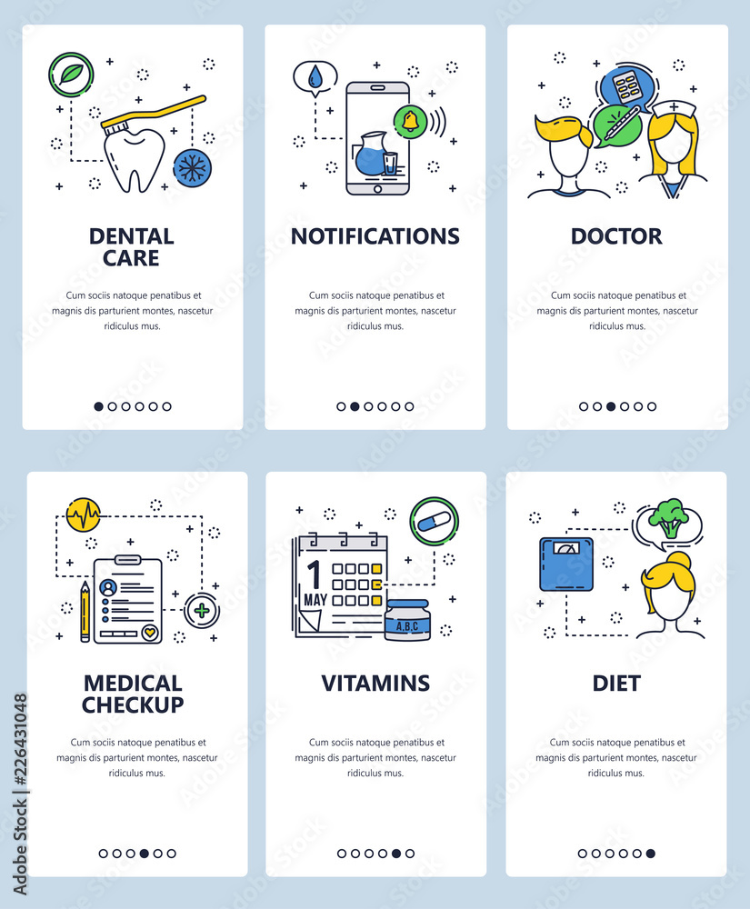 Vector web site linear art onboarding screens template. Healthcare and medical checkups, doctor, vitamins. Menu banners for website and mobile app development. Modern design flat illustration.