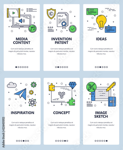 Vector web site linear art onboarding screens template. Media, inventions and inspiration ideas icons. Menu banners for website and mobile app development. Modern design flat illustration.