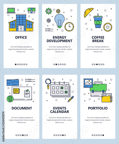Vector web site linear art onboarding screens template. Office and business icons. Menu banners for website and mobile app development. Modern design flat illustration.