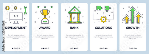 Vector web site linear art onboarding screens template. Business, finance and development icons. Menu banners for website and mobile app development. Modern design flat illustration.