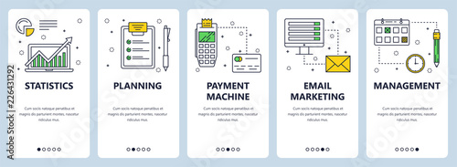 Vector web site linear art onboarding screens template. Statistic, planing and marketing icons. Menu banners for website and mobile app development. Modern design flat illustration.