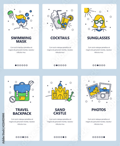 Vector web site linear art onboarding screens template. Travel and summer vacation icons. Menu banners for website and mobile app development. Modern design flat illustration.