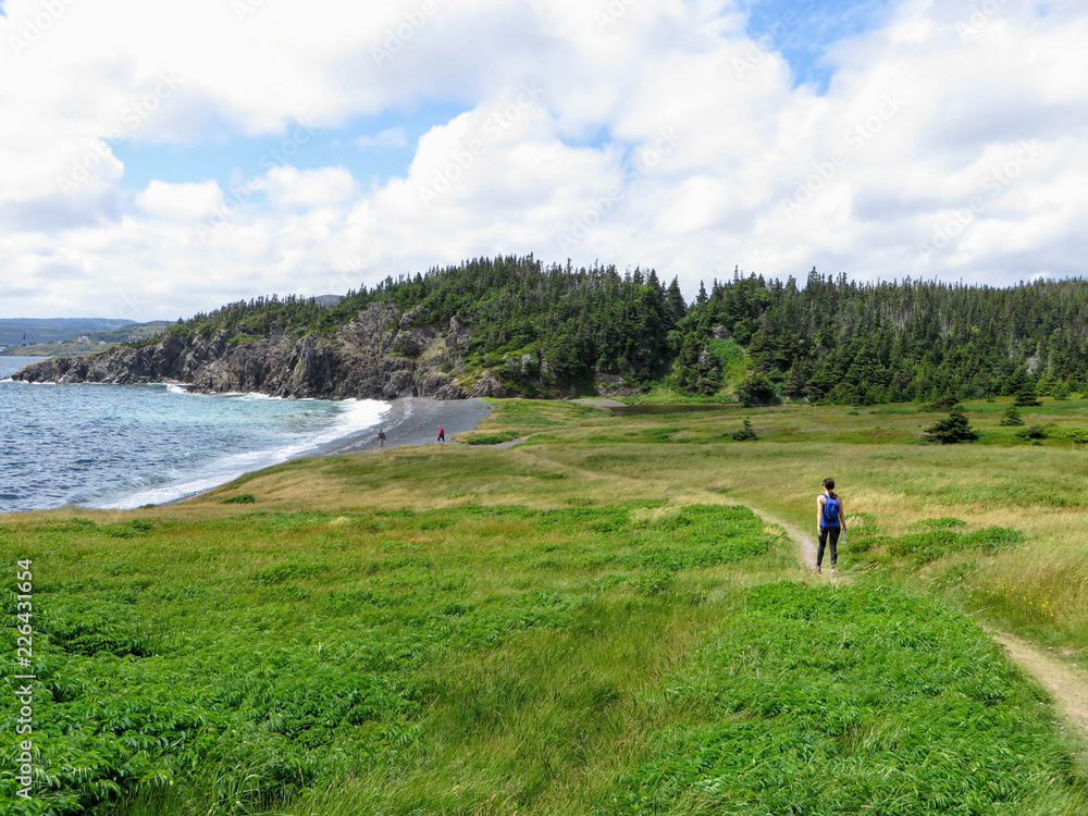 Admiring the beautiful sights of the Skerwink trail outside of Trinity, along the rugged coasts of Newfoundland and Labrador, Canada