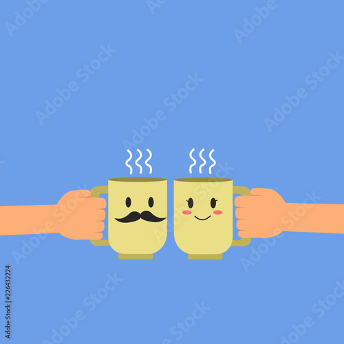 Flat design business Vector Illustration Empty copy space for Ad website promotion esp isolated Banner template. Human hand Holding Male Female His and Hers Mugs with Hot Steamy icon