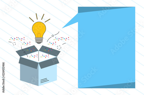 Flat design business Vector Illustration concept template copy space text for Ad website esp isolated 3d isometric. Bulb Glowing over Open Empty 3D Box and Blank Vertical Rectangle Bubble