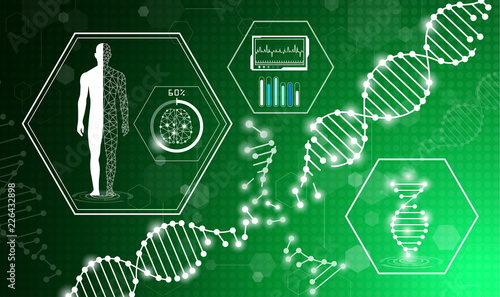 abstract background technology concept in green light,human body heal,technology modern medical science in future and global international medical with tests analysis clone DNA human