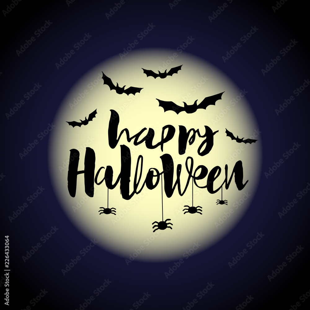 Happy halloween calligraphic card. Modern inscription and illustration flittermouse onthe background of the moon. Vector handwritten lettering for banner, sticker, label, card, clothes, flyer.
