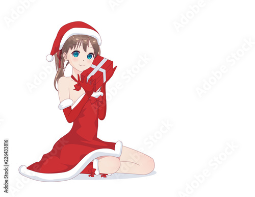 Anime manga girl dressed in Santa Claus costume