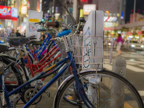 Tokyo, Japan. September 11, 2018. Bicycle parking at night in Shinjuku, Tokyo.