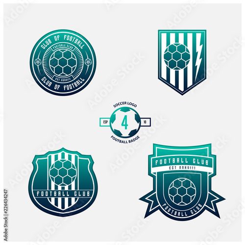 Set of football or soccer crests and logos. Soccer badges in flat design on blue and green gradient background. Football emblem for sport club. Vector illustration.