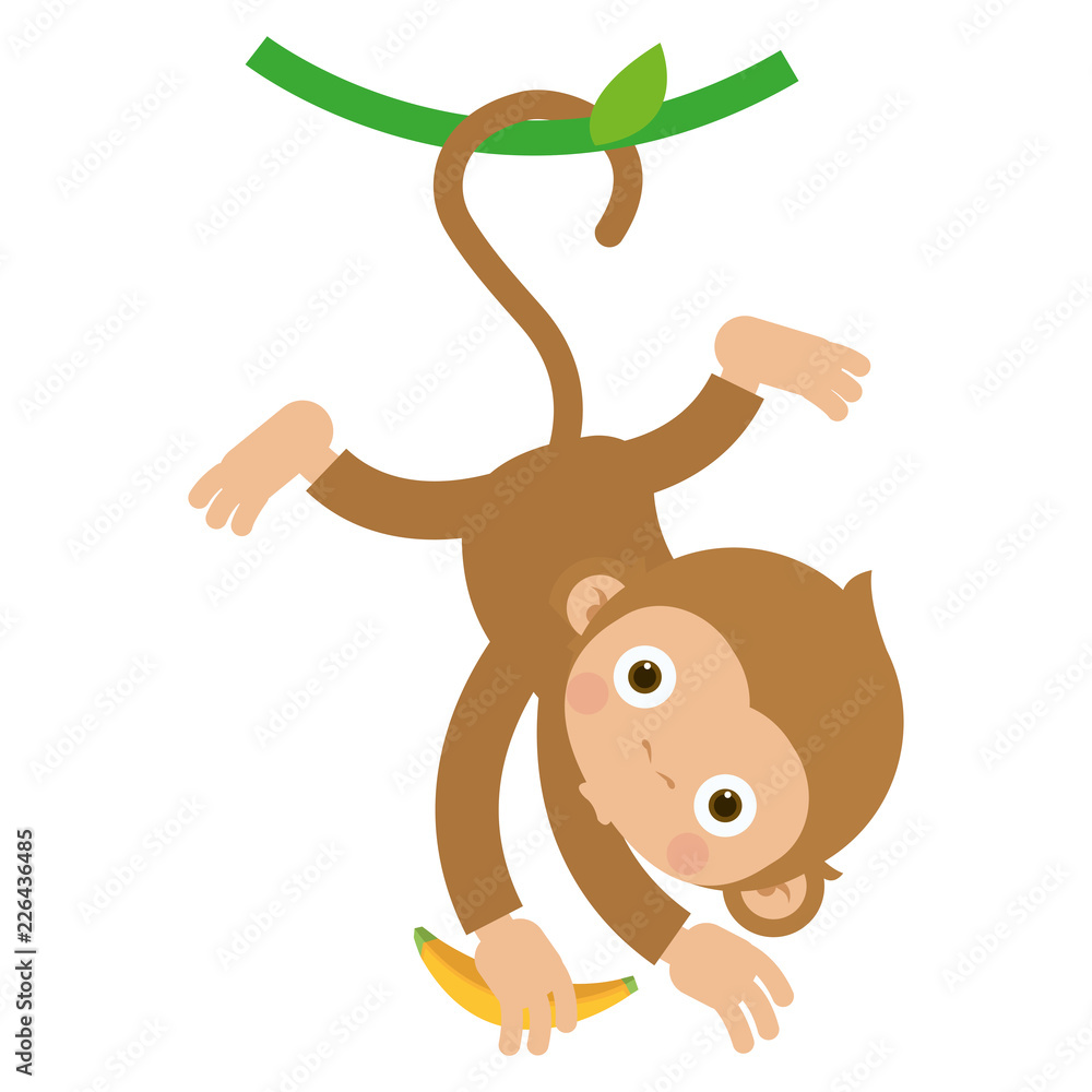 monkey hanging on tree flat vector cartoon Stock Vector | Adobe Stock