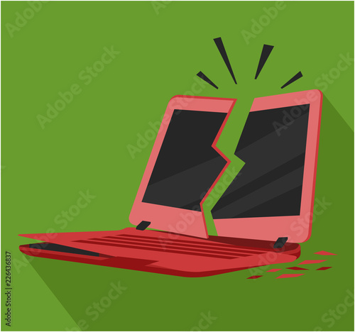 Broken crashed red laptop notebook