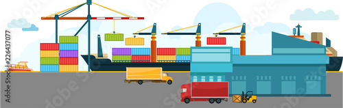 Container Cargo freight ship with working crane bridge in shipyard