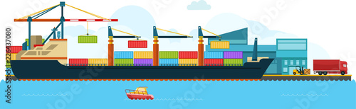 Container Cargo freight ship with working crane bridge in shipyard at dusk for Logistic Import Export