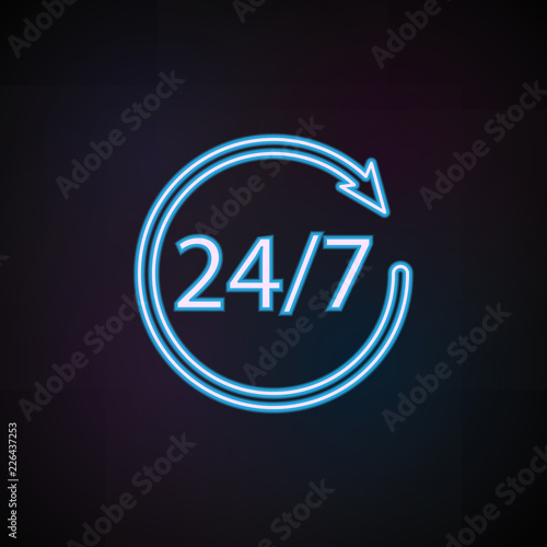 24 7 service icon in neon style. One of Mobile banking collection icon can be used for UI, UX