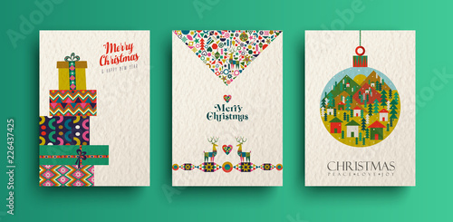 Merry christmas vintage folk card collection