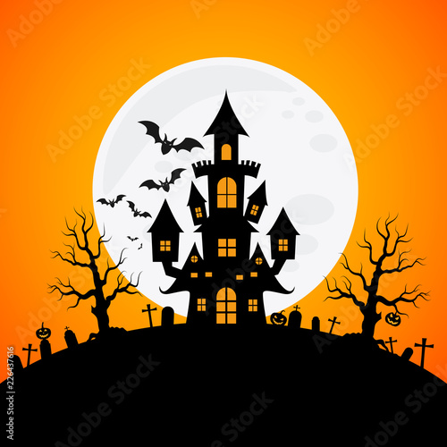 Halloween haunted house and full moon with ghost,horror night background.Vector illustration