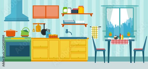Vector illustration of kitchen with the furniture and creative interior