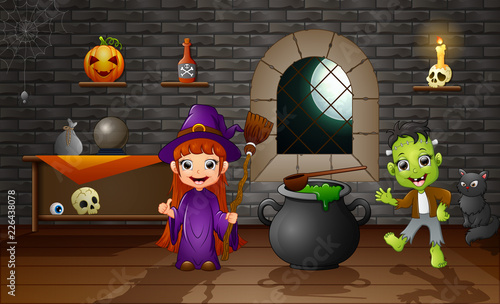 Happy halloween little witch and frankenstein