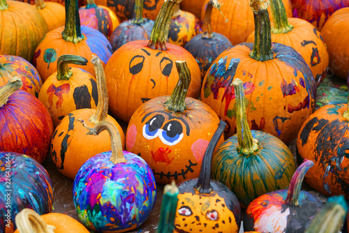 group of colorful painted pumpkin for Halloween in autumn