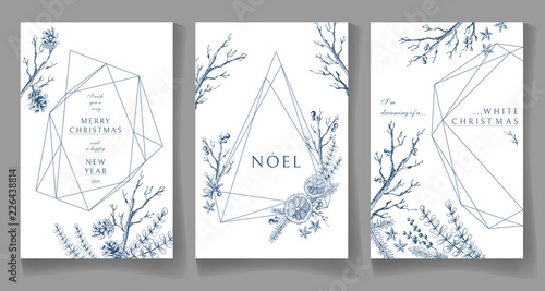 Set of winter cards, geometric trendy crystal design. Hand drawn