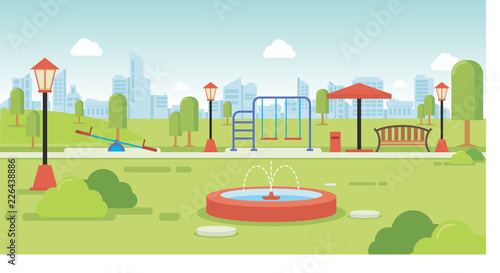 Fototapeta Naklejka Na Ścianę i Meble -  City park with park benches and kids playground