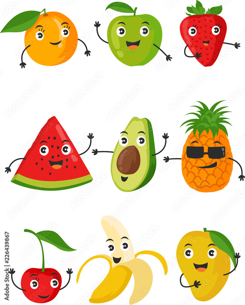 Funny fruit face and cartoon fruit characters icon vector set Stock Vector  | Adobe Stock