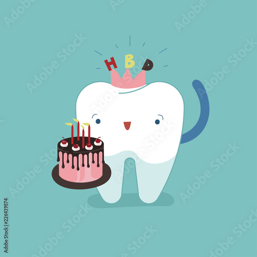 Tooth say Happy birthday day with cake, dental concept.