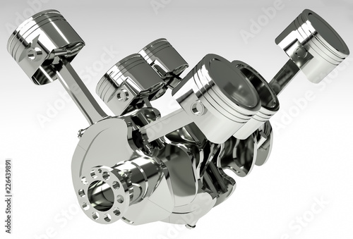 V6 engine pistons and crankshaft isolated on white background. 3d illustration photo