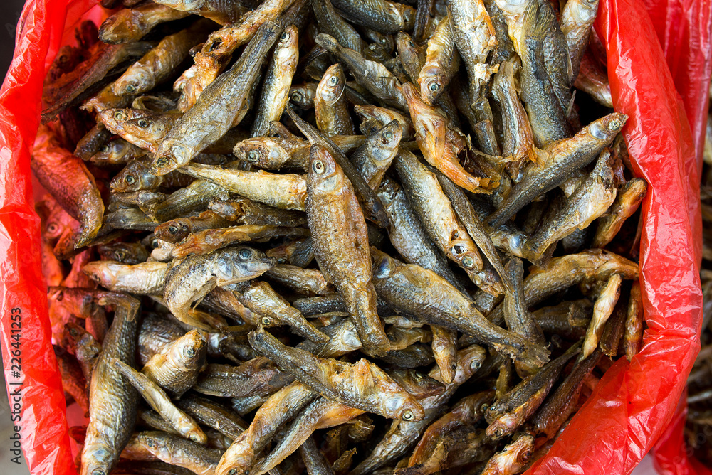 Dried Small fish in a market at china