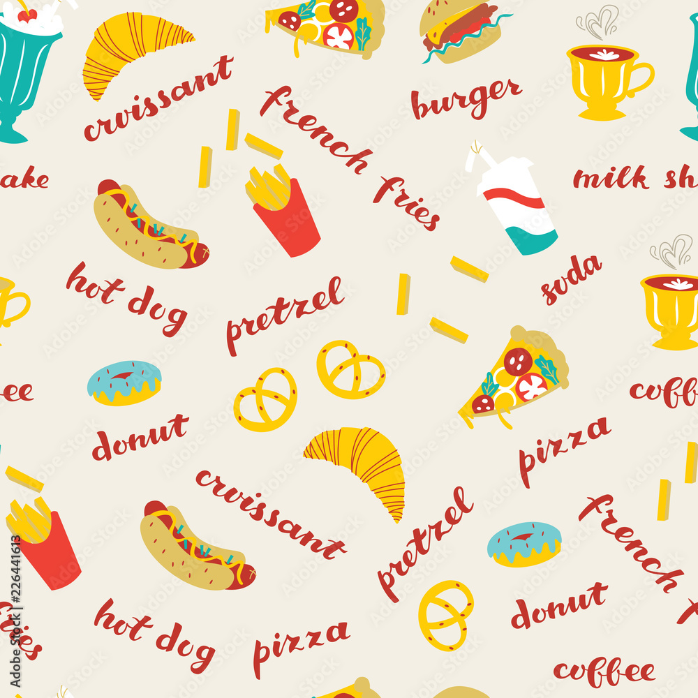 Seamless Background with Doodle Fast Food. Vector Illustration.