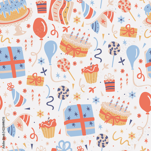 Seamless Background with Party Elements: Gift, Cake, Balloon and etc.