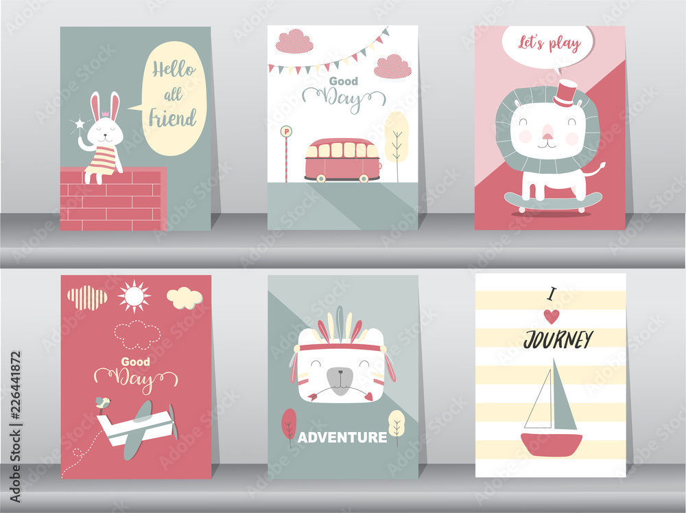 Set of cute animals poster,template,cards,rabbit,bear,zoo,Vector ...